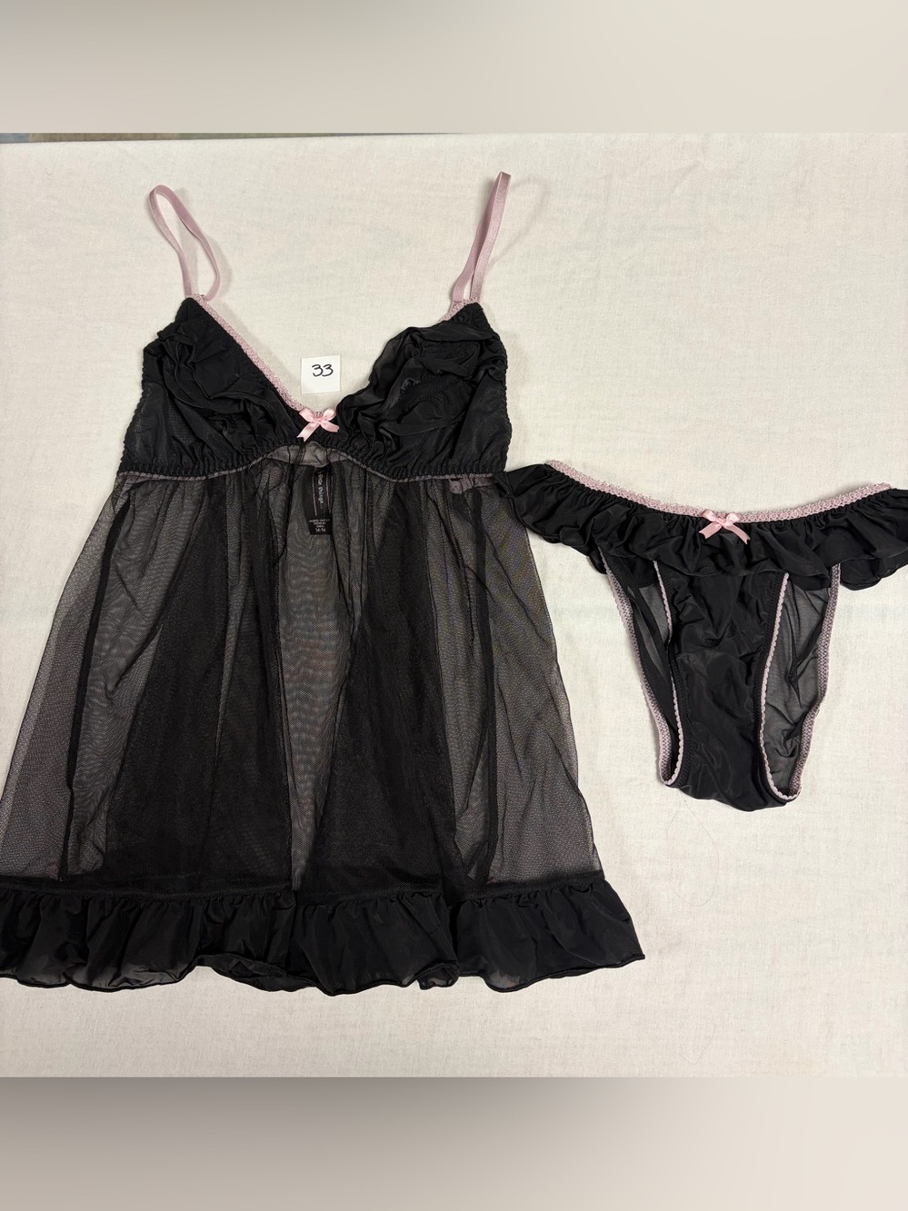Victoria secret Sheer Black Babydoll Chemise with Dusty Pink Trim and bikini med
